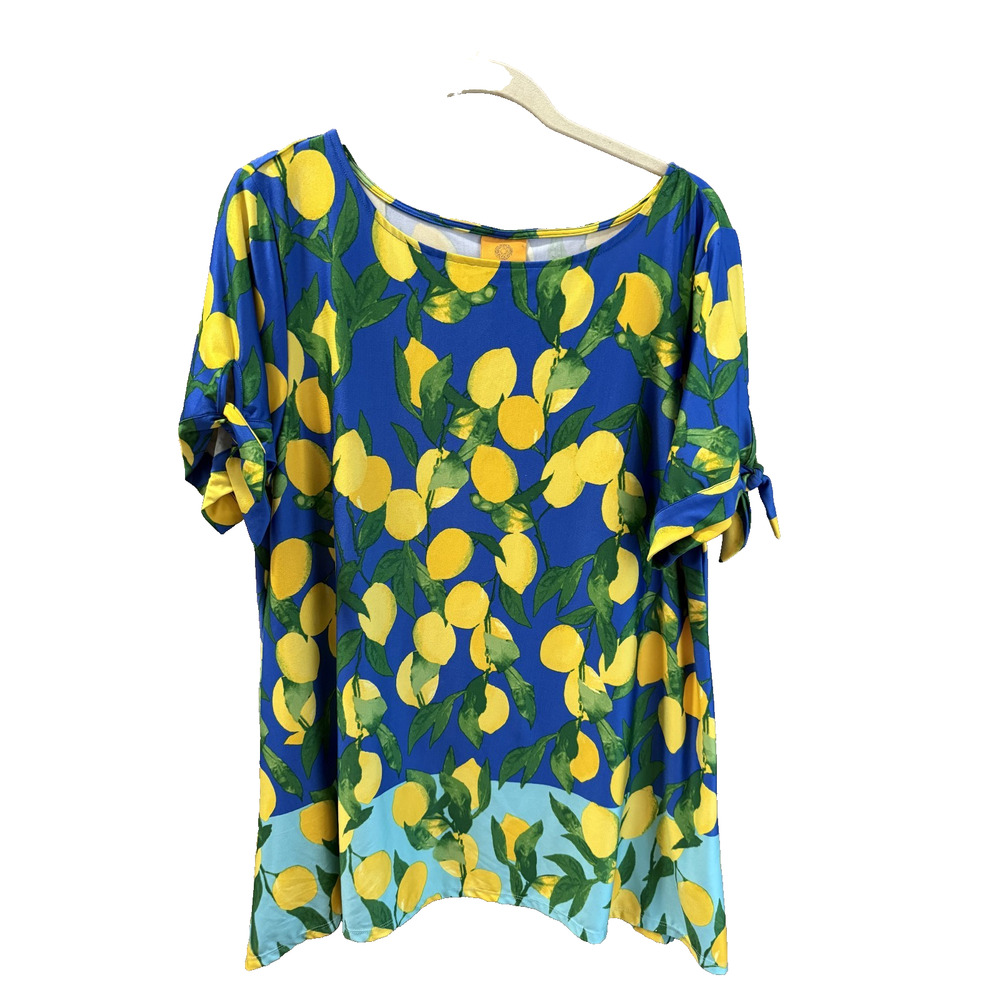 Ruby Rd Lemons Print Tunic Blouse Size XL Tie Sleeve Detail Whimsical Fun